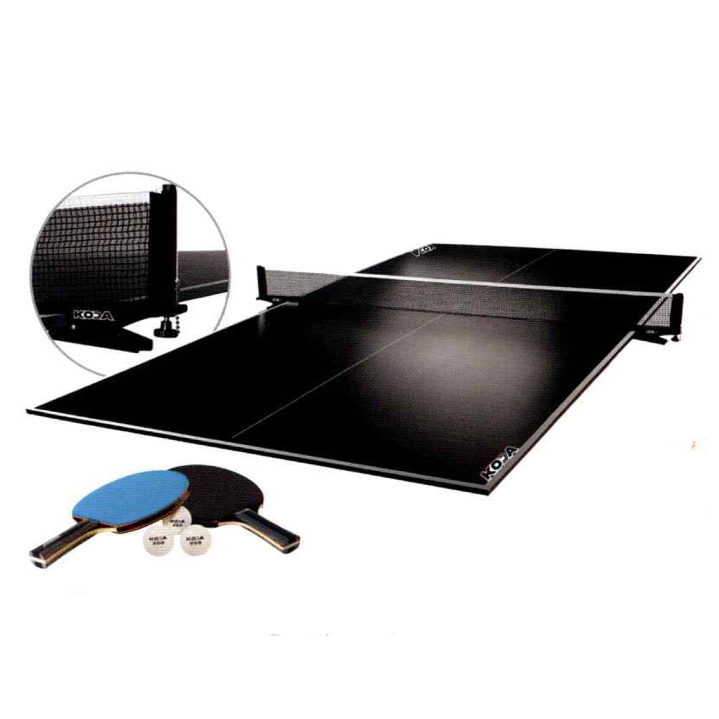 Table tennis table with net, paddles, and balls on a white background