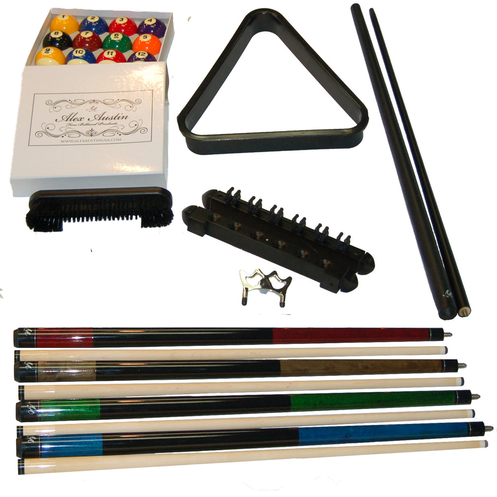 Deluxe playing package showing wall rack, balls, 8 ball triangle, bridgestick, and 4 two piece cues