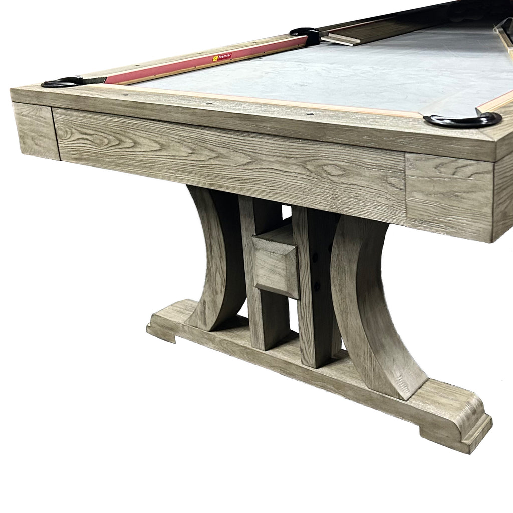 Overall view from corner of silver pool table with slate on top