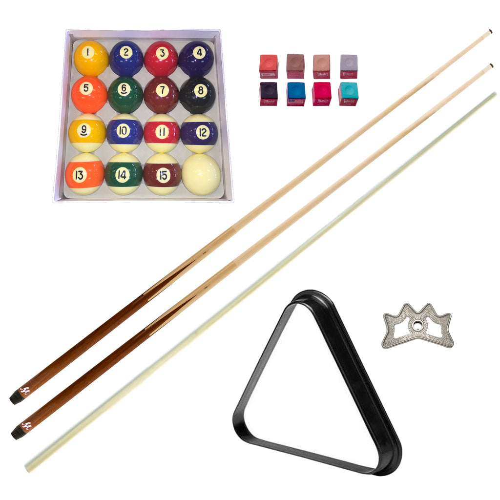 Player package with 2 cues, bridge stick, 8 ball triangle, bridgehead, balls, and chalk