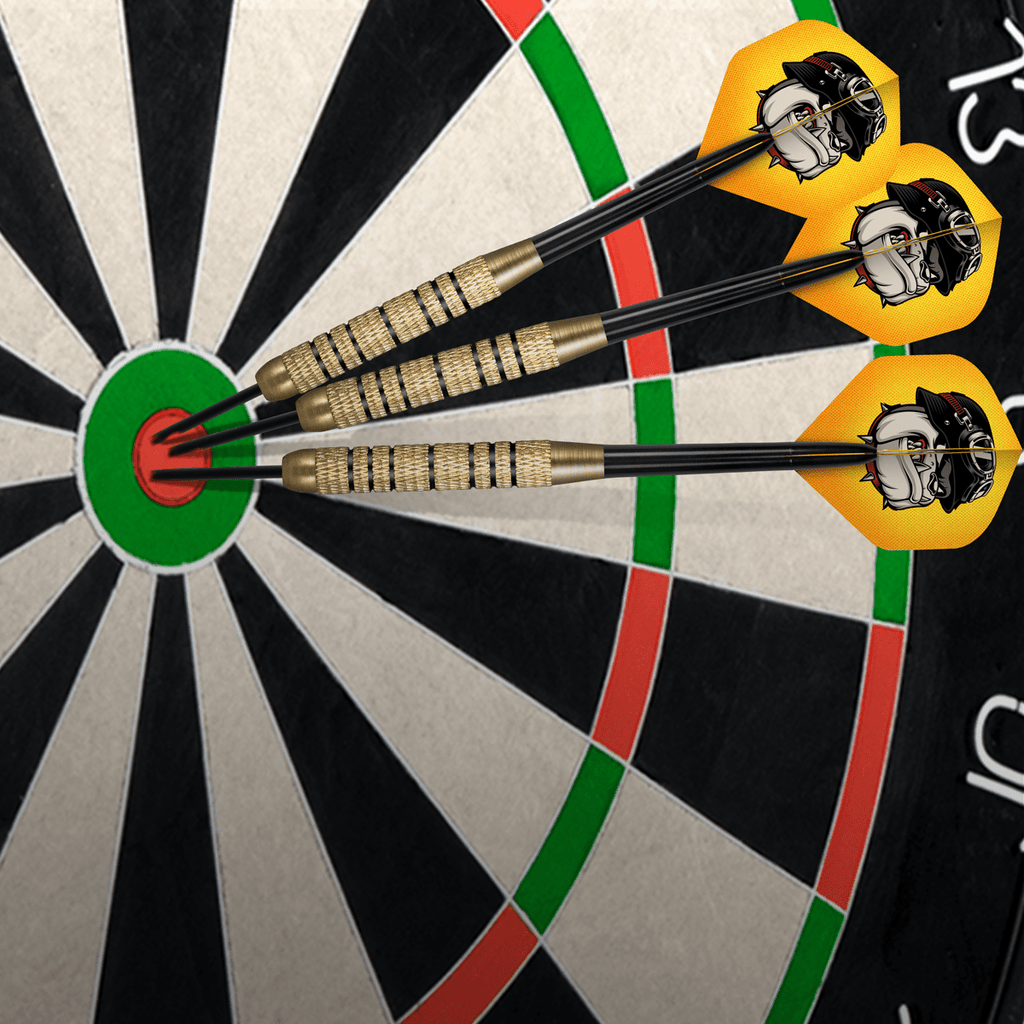 3 yellow darts in bullseye on dartboard