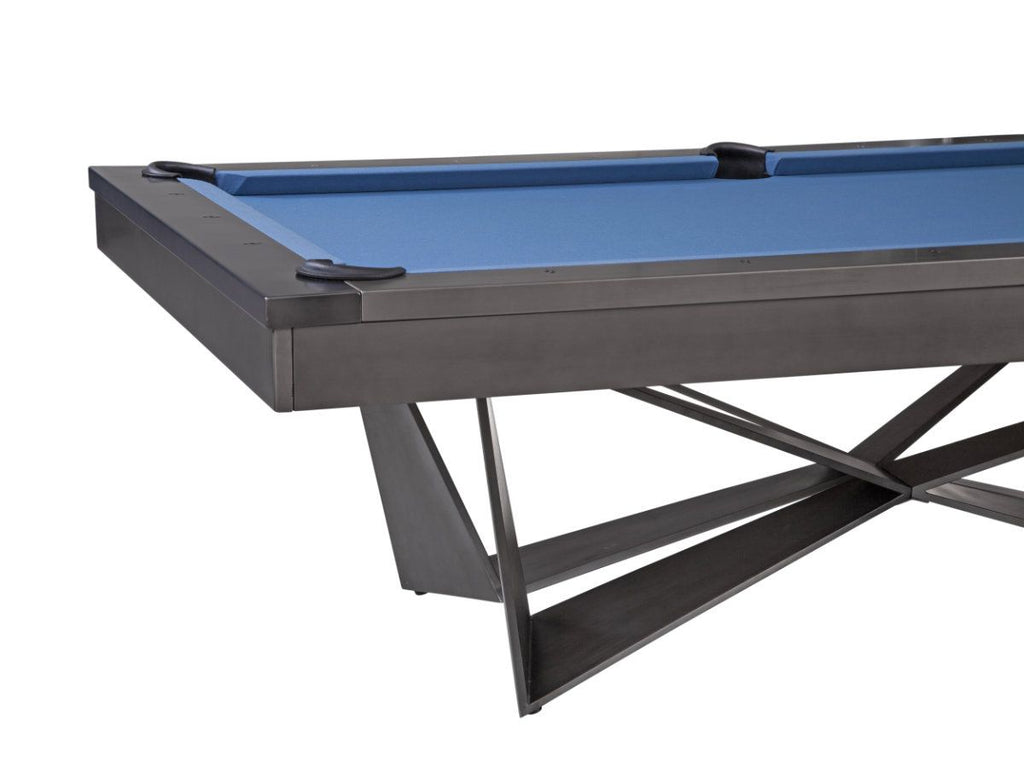 End view of essex pool table with blue felt and leather pocket with geometric base