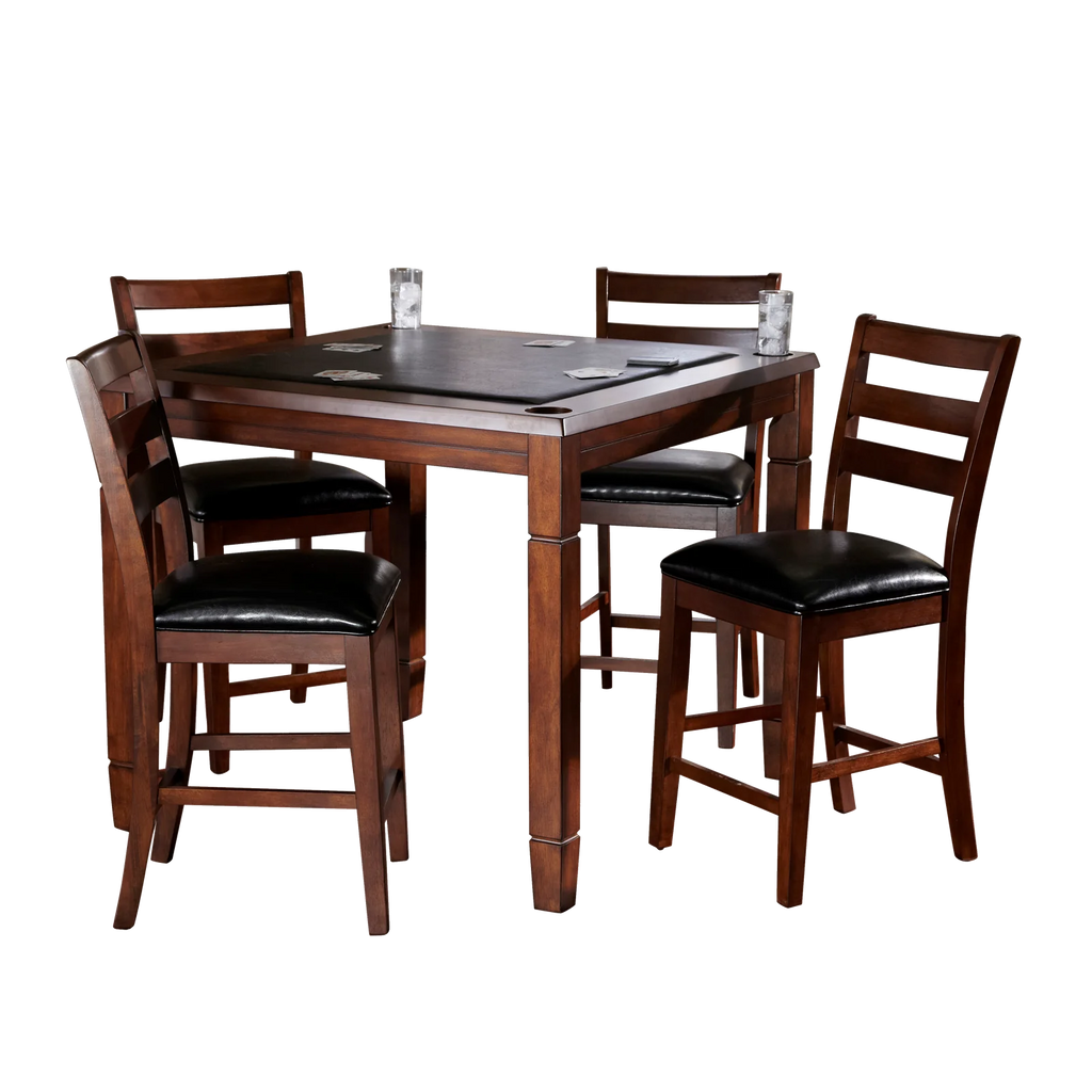 Square poker table with cards and glasses and 4 chairs on white background