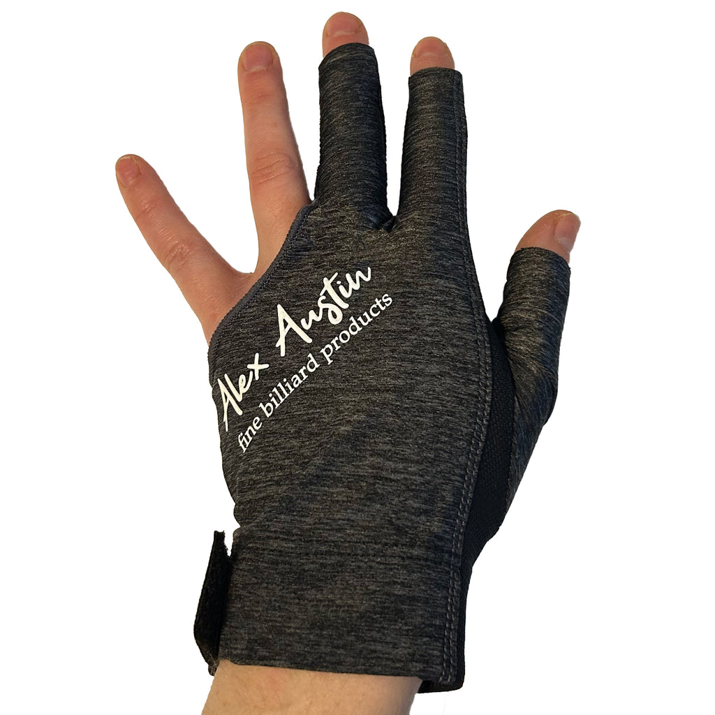 Heather grey pool glove for left hand three fingered on a hand