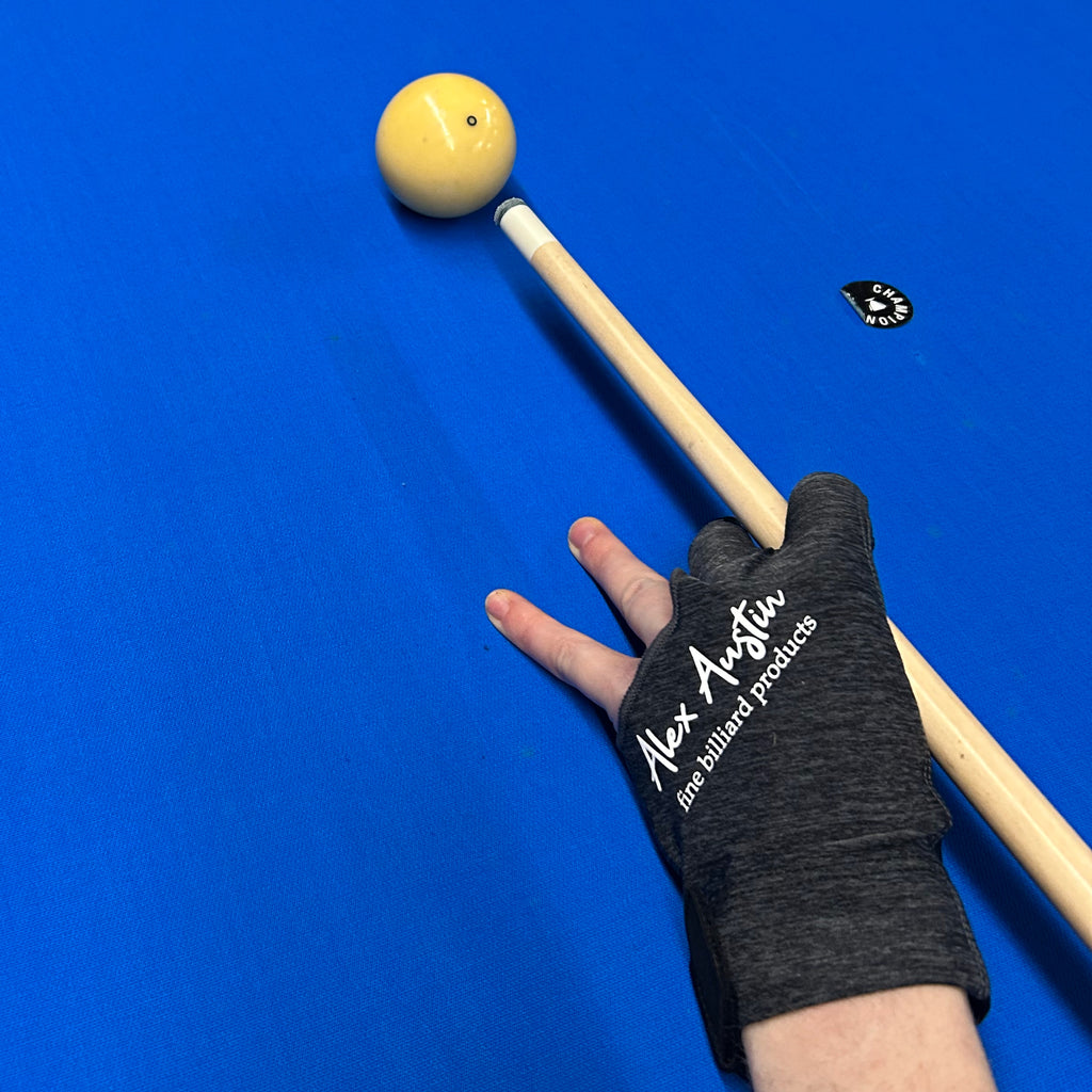 Heather grey pool glove for left hand three fingered with pool cue and blue felt