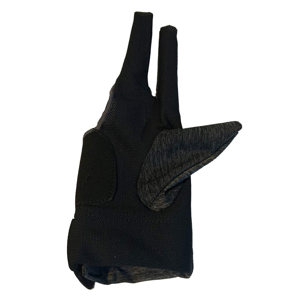 backside of heather grey and black three fingered right handed pool glove