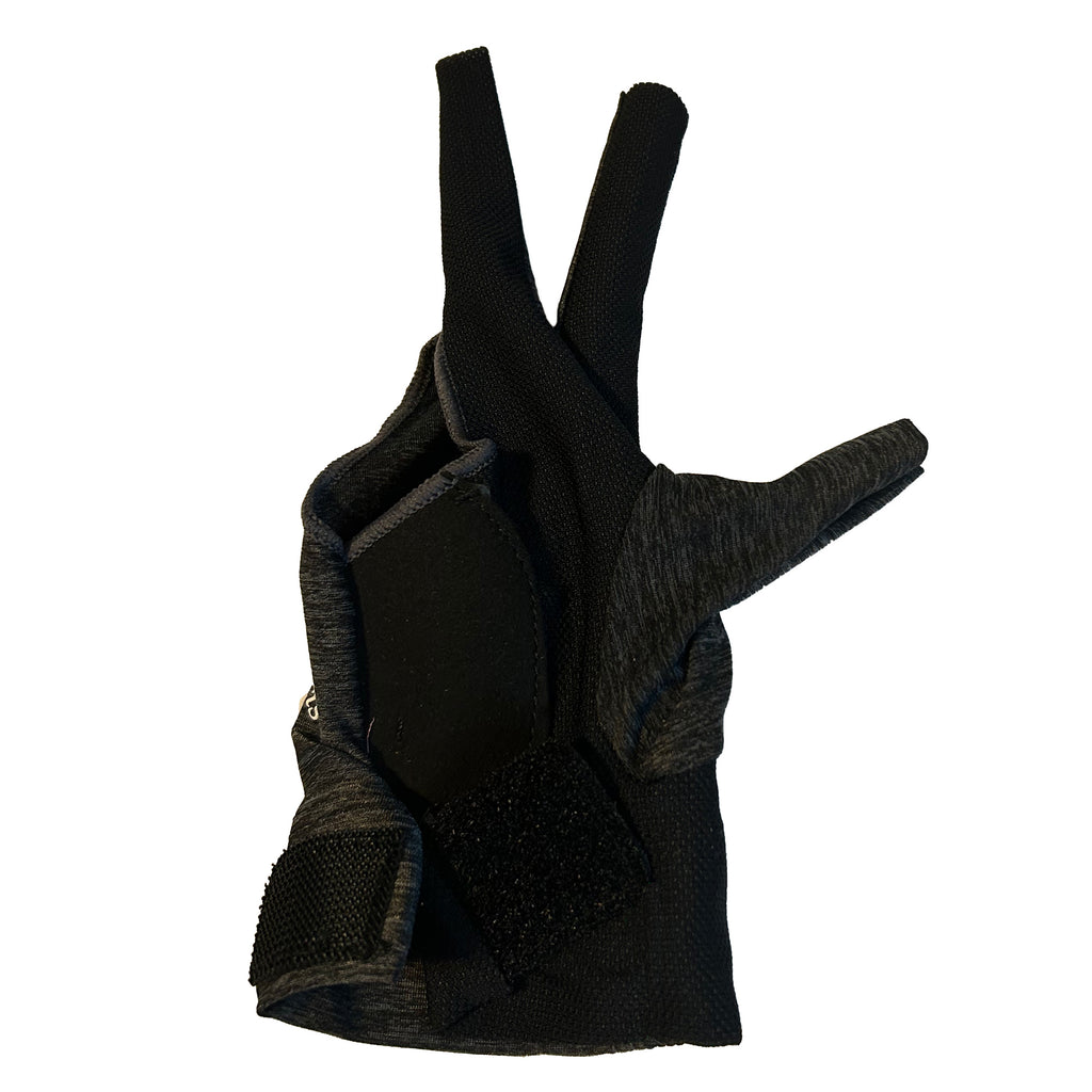 closure velcro of heather grey and black three fingered right handed pool glove