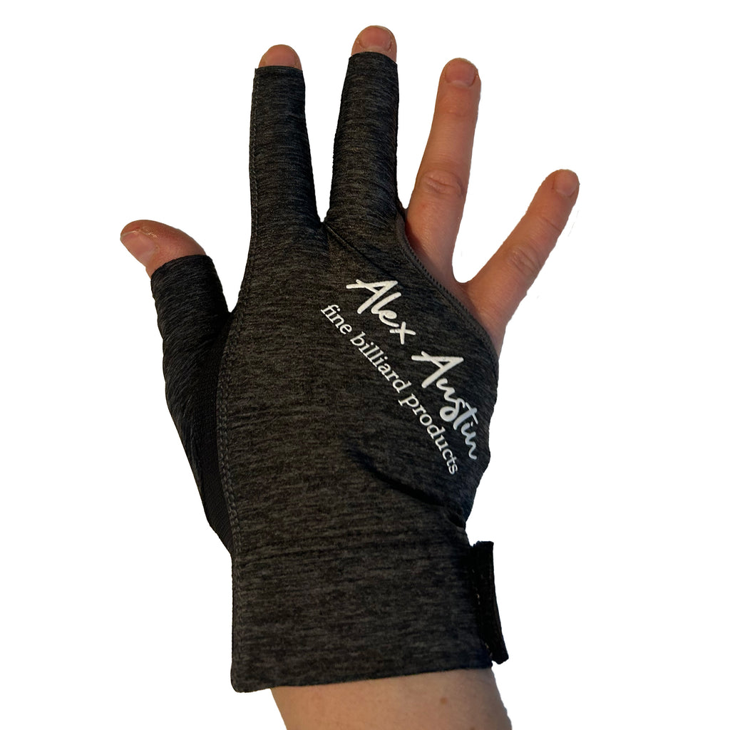 front of heather grey and black three fingered right handed pool glove with alex austin logo on it