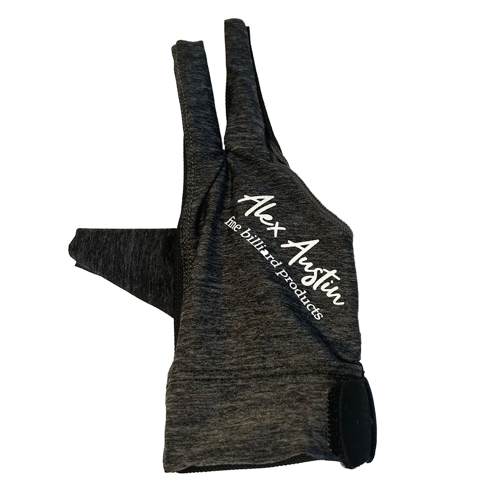 heather grey and black three fingered right handed pool glove with alex austin logo 