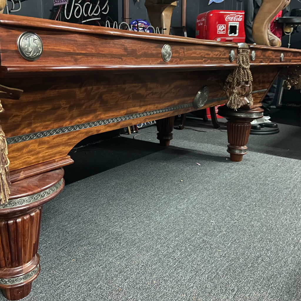 8ft Presidential Pool Table side cabinet view with apron and cabinet medallions and rope trim