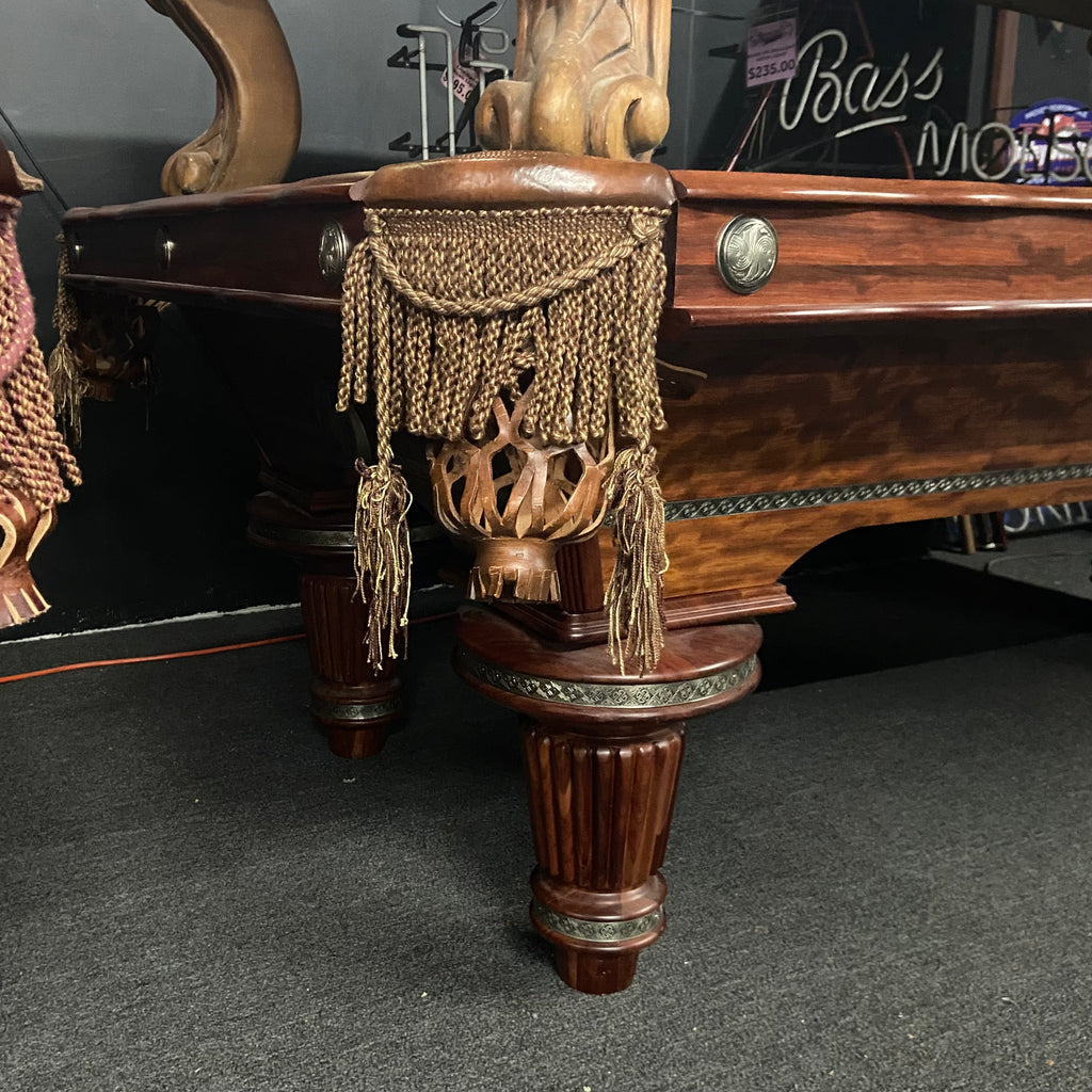 8ft Presidential Pool Table corner view with fringe pocket and round leg