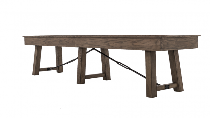 side view Isaac shuffleboard in silvered oak with metal diagonal stretchers and pedestal bases