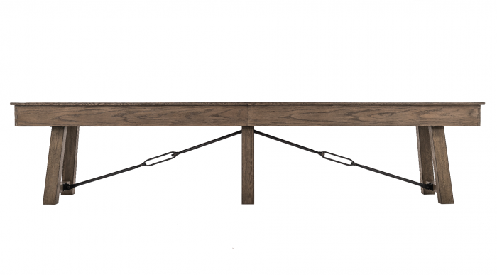 Isaac shuffleboard in silvered oak with metal diagonal stretchers and pedestal bases long straight on side view