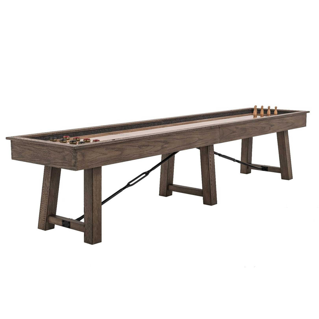 Isaac shuffleboard in silvered oak with metal diagonal stretchers and pedestal bases