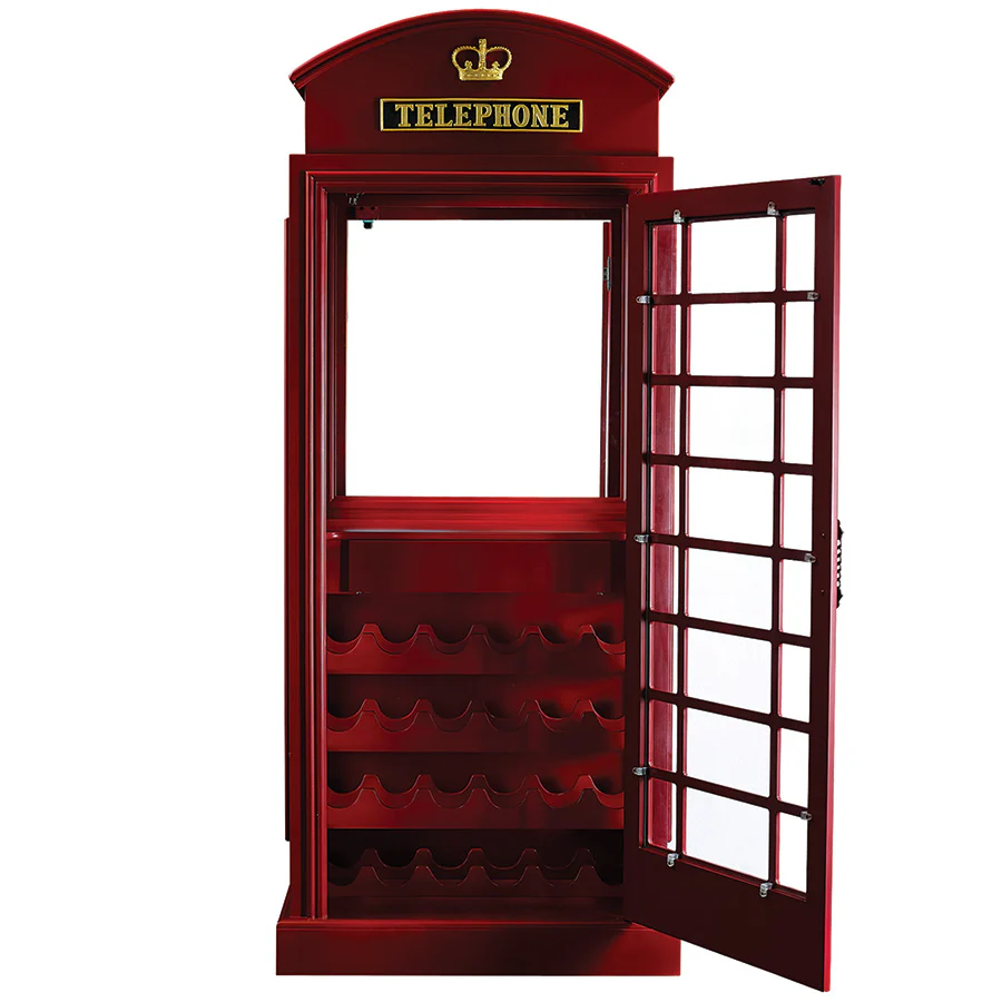 Red phone booth with telephone on top and wine storage