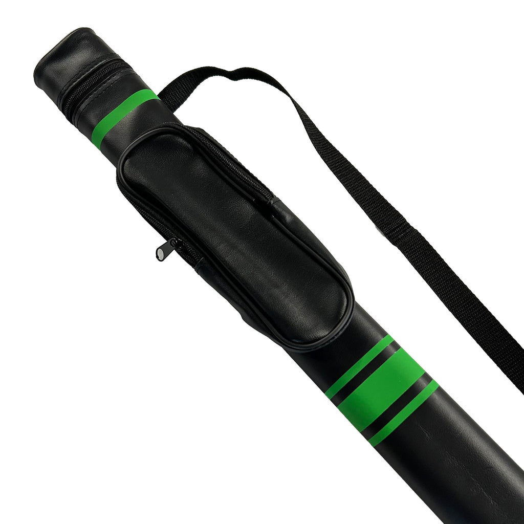 Close up of black pool case with green stripes and strap with pocket