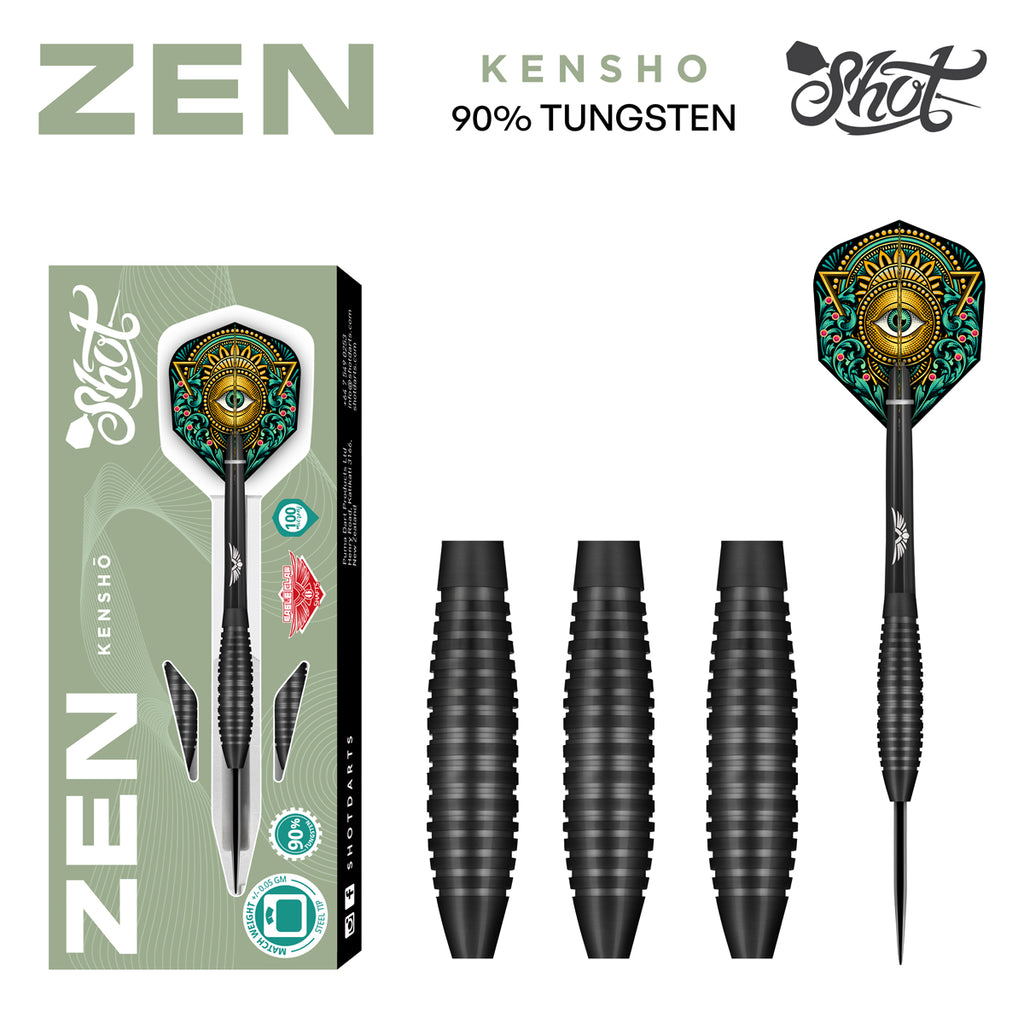 Zen darts with packaging, black barrels, and full length box in one picture