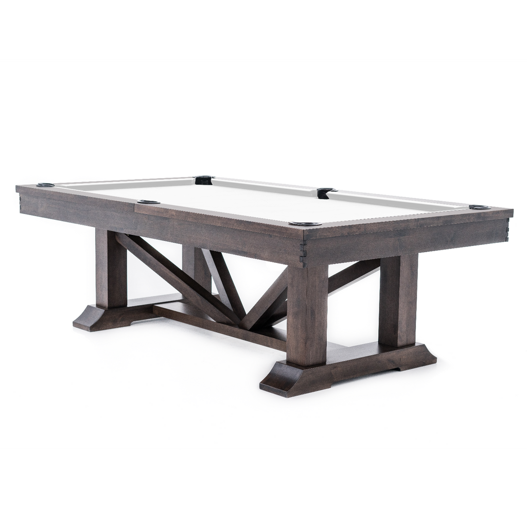 Lucas pool table in nutmeg finish side view with grey felt