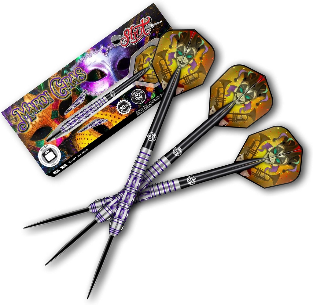 3 Mardi gras darts in purple and black with box behind it