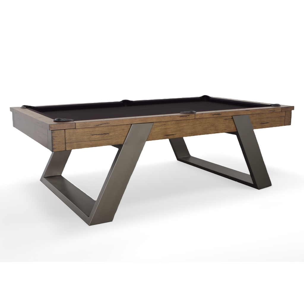 modesto pool table with angled legs and whiskey finish with black felt