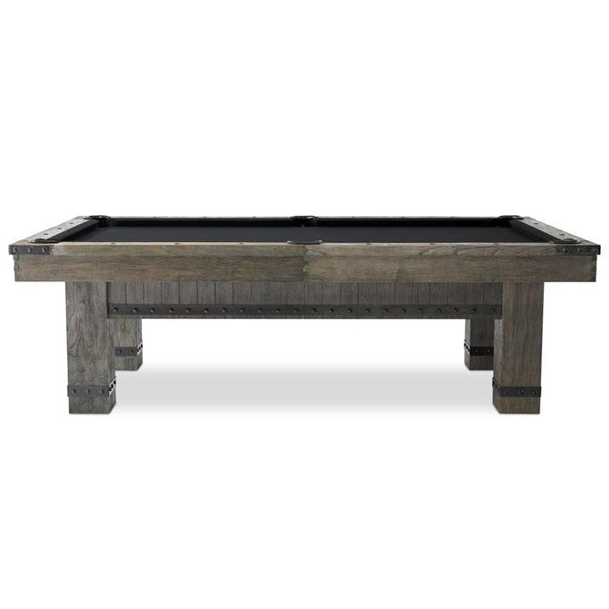 full view of morse pool table from side showing elm with black cloth