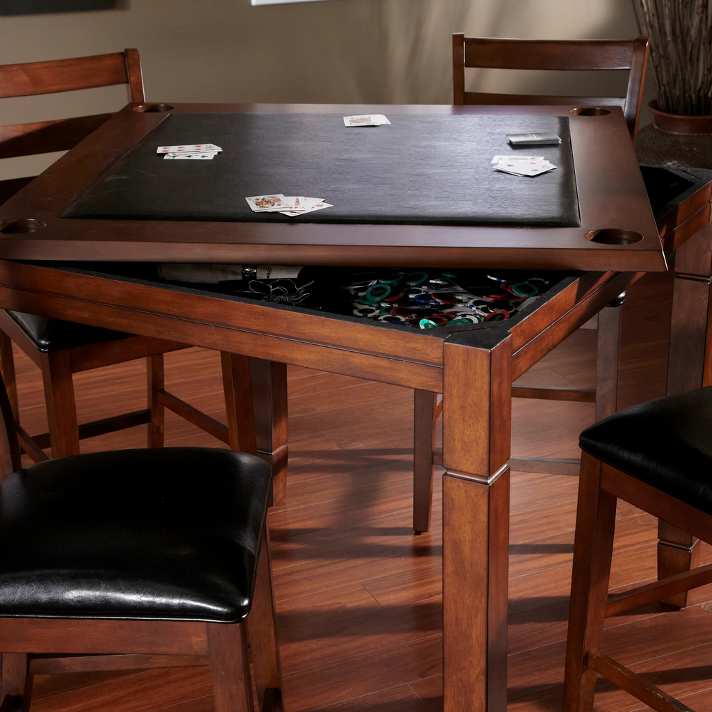 Square poker table with cards and glasses and 4 chairs showing table top storage inside 