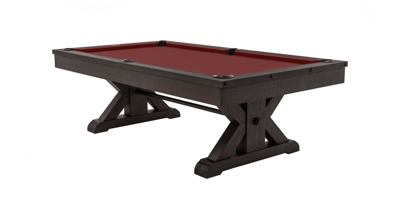 Diagonal view of otis pool table in smokehouse finish with exposed bolts