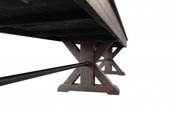 Otis shuffleboard table in smokehouse finish with metal stretchers and three criss cross pedestal base legs under view of table