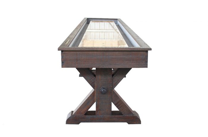 End view of Otis shuffleboard table in smokehouse finish and three criss cross pedestal base legs