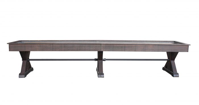 Side view of Otis shuffleboard table in smokehouse finish with metal stretchers and three criss cross pedestal base legs