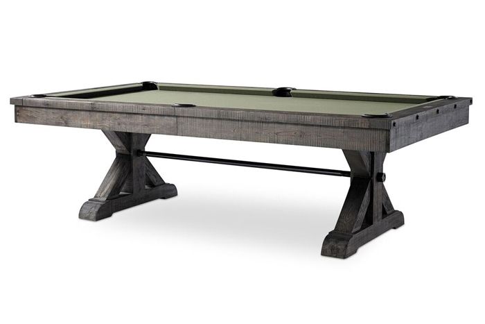 Overall view of otis pool table in weathered grey finish with exposed boltsd