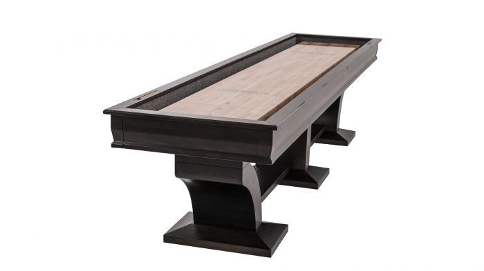 Top angled view of Paxton shuffleboard table with pedestal base and sable finish