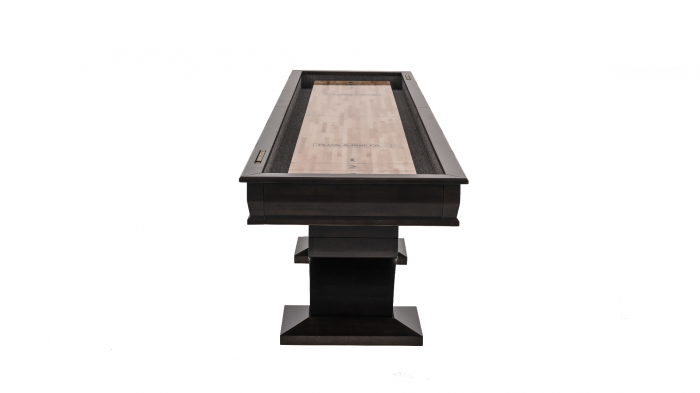 Top end view of Paxton shuffleboard table with pedestal base and sable finish