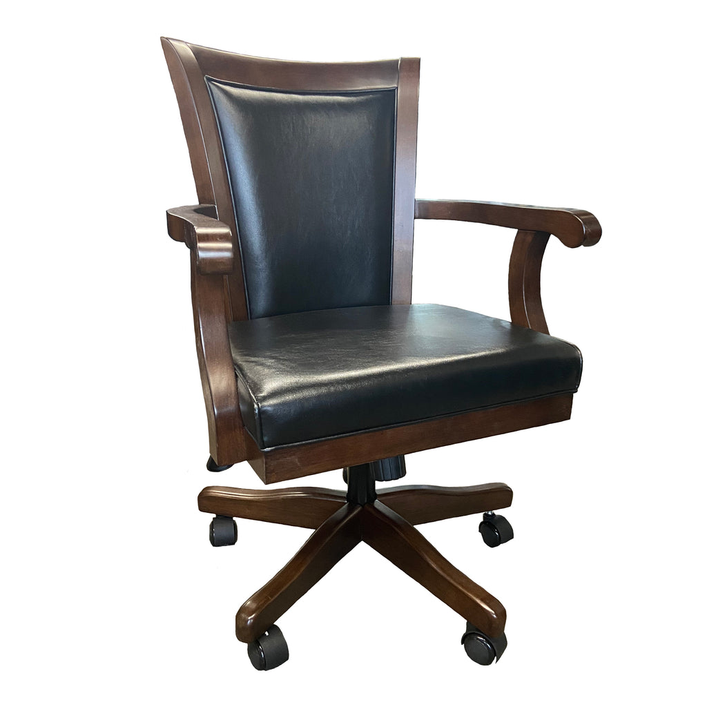 Poker chair with arm rest, padded black vinyl seat, and padded back