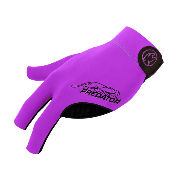 Purple and black predator pool glove with black velcro strap