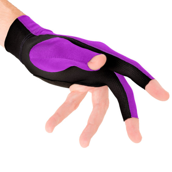 Side view of Purple and black predator pool glove with black velcro strap