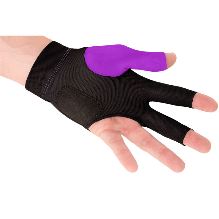 Palm view of Purple and black predator pool glove with black velcro strap