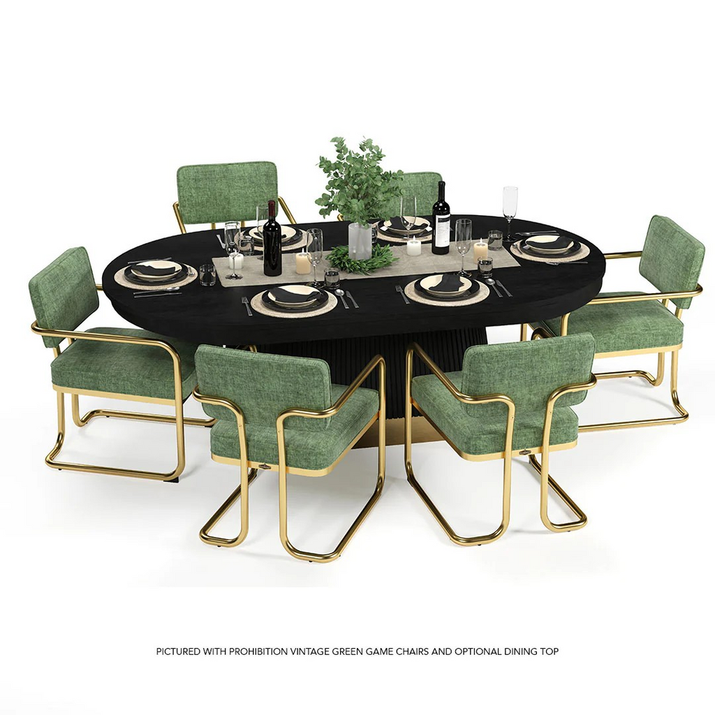 Prohibition black finish table with chairs with green cushions and dining