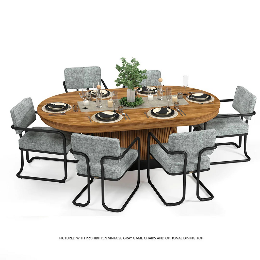 Prohibition dark oak finish table with chairs with grey cushions and dining