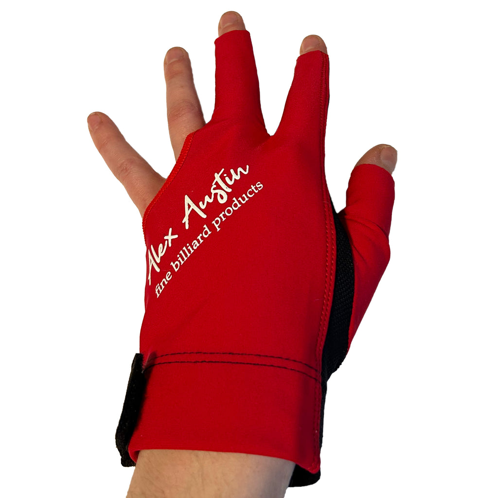 Red and Black glove with Alex Austin Fine Billiard Products logo on it