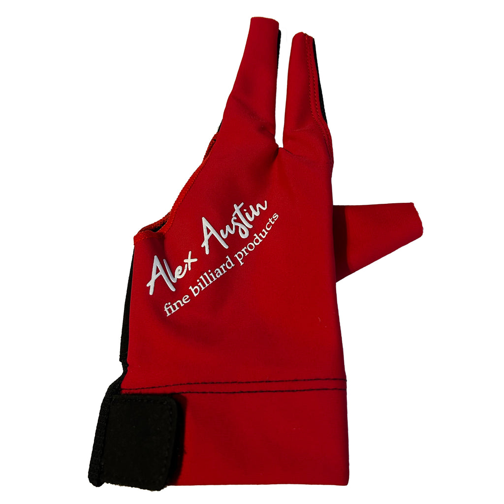 Red and Black glove with Alex austin logo on it no hand