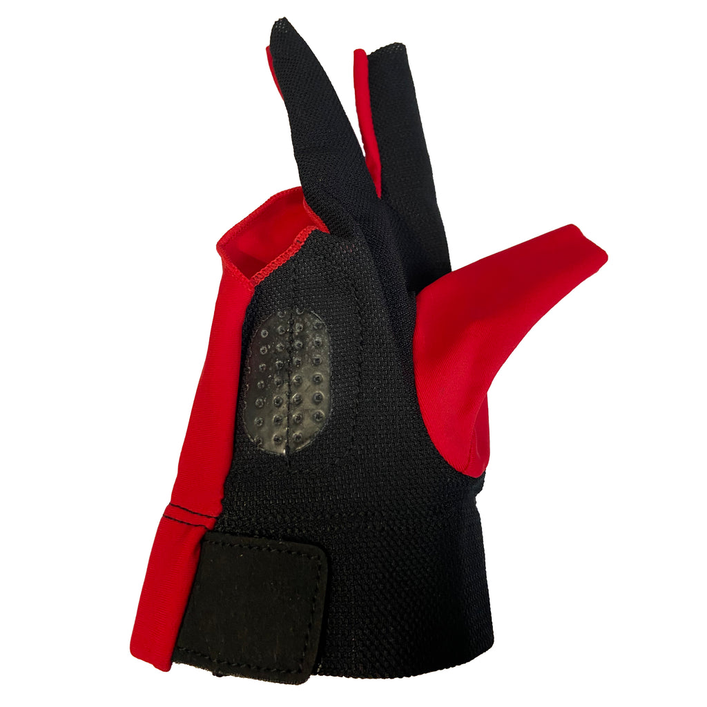 Right hand red and black glove from back side with gel palm pad