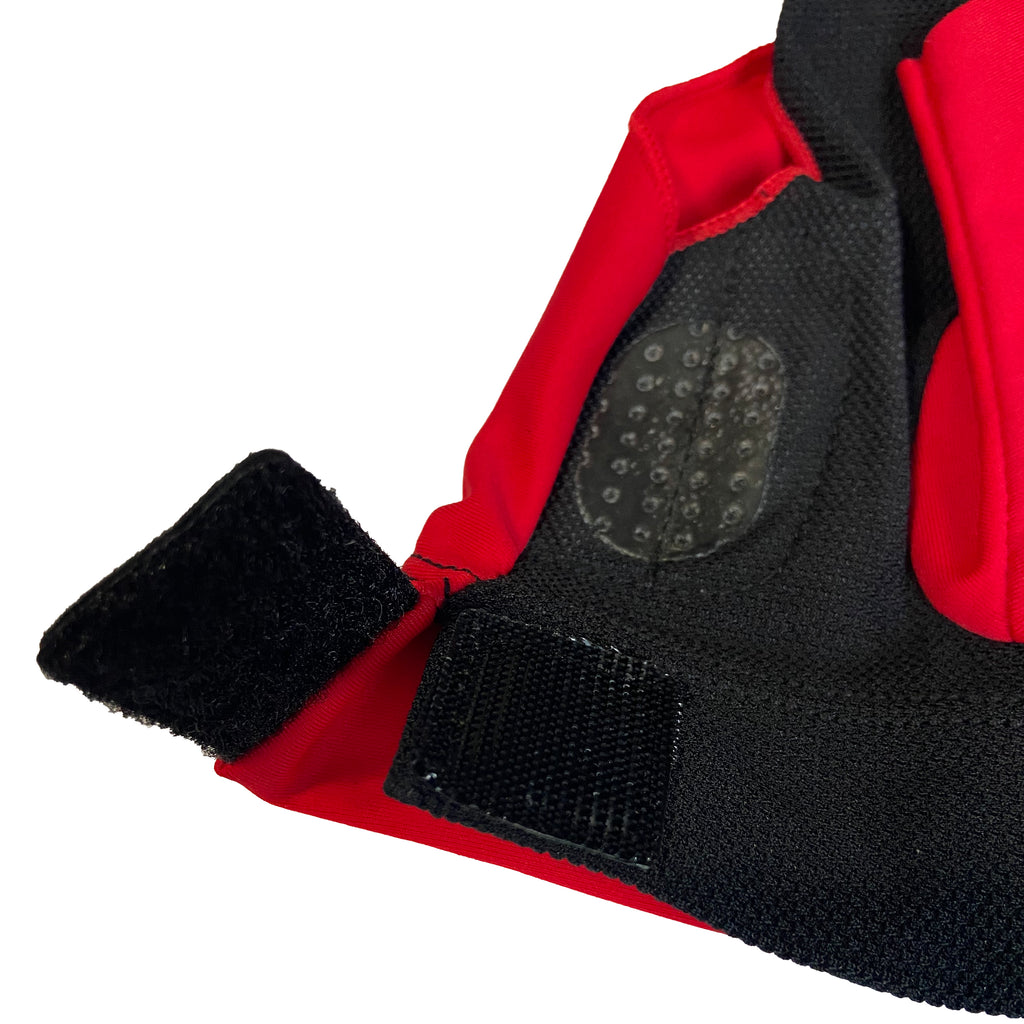 Right hand red and black glove with velcro closure