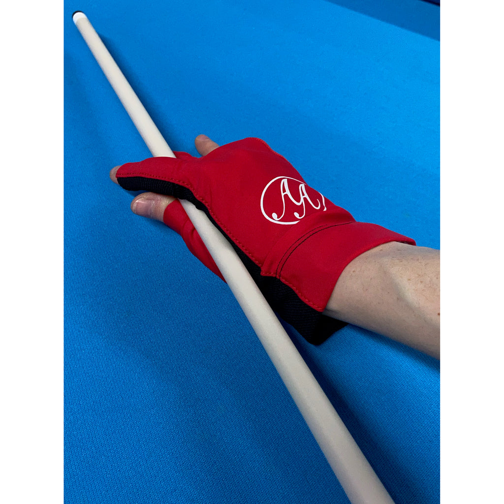 Right hand red and black glove on model holding cue