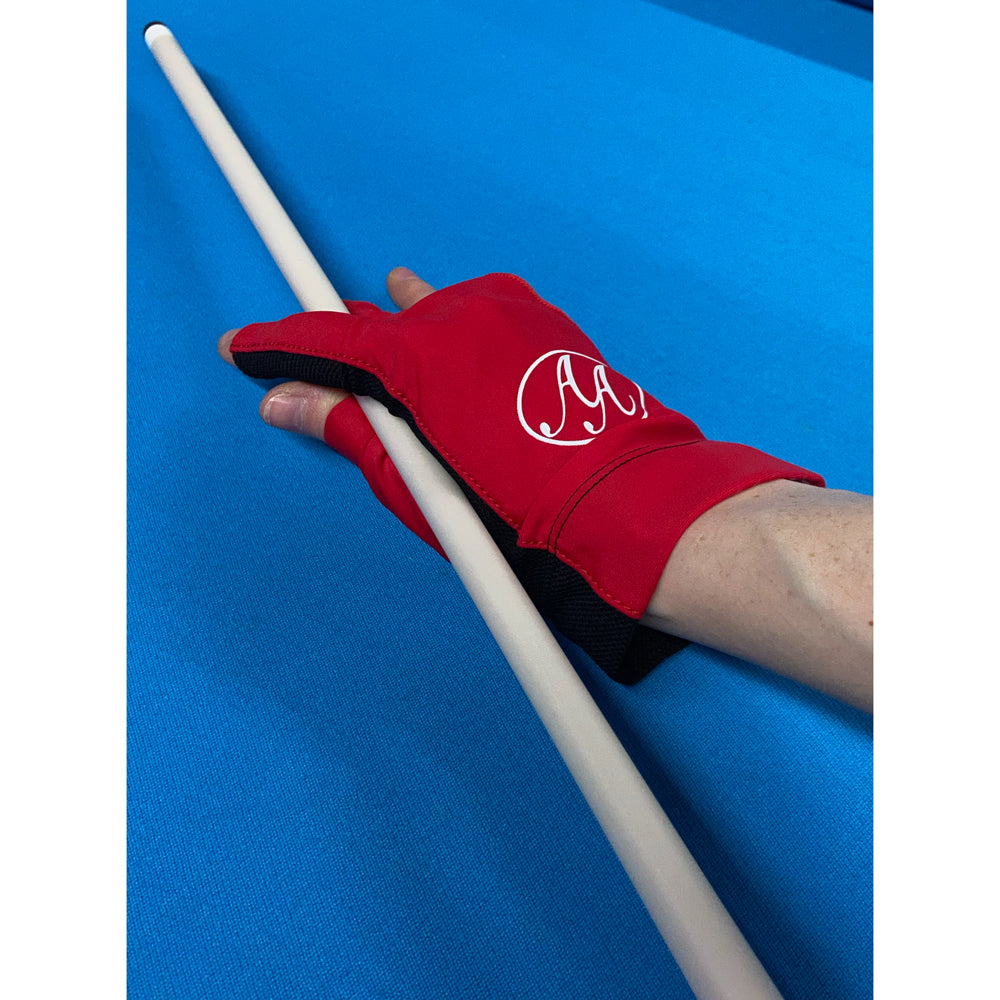 Red and Black glove with AA logo on pool table with blue felt