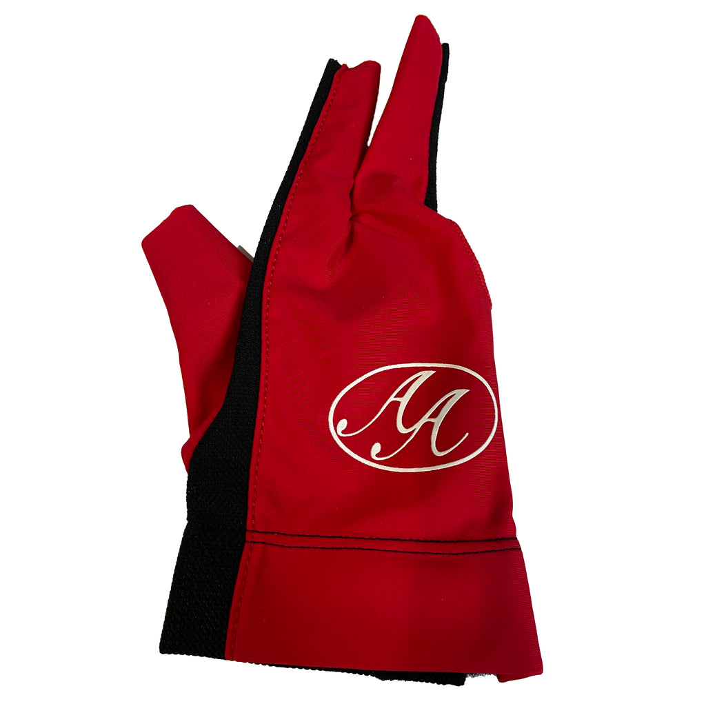 Right hand red and black glove front view with logo