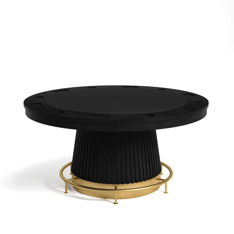 round black poker table with brass kicker base and foot rail