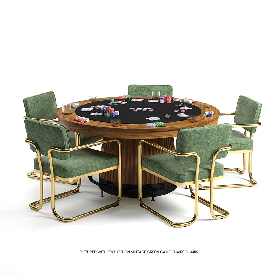 round walnut poker table with black kicker base and chairs