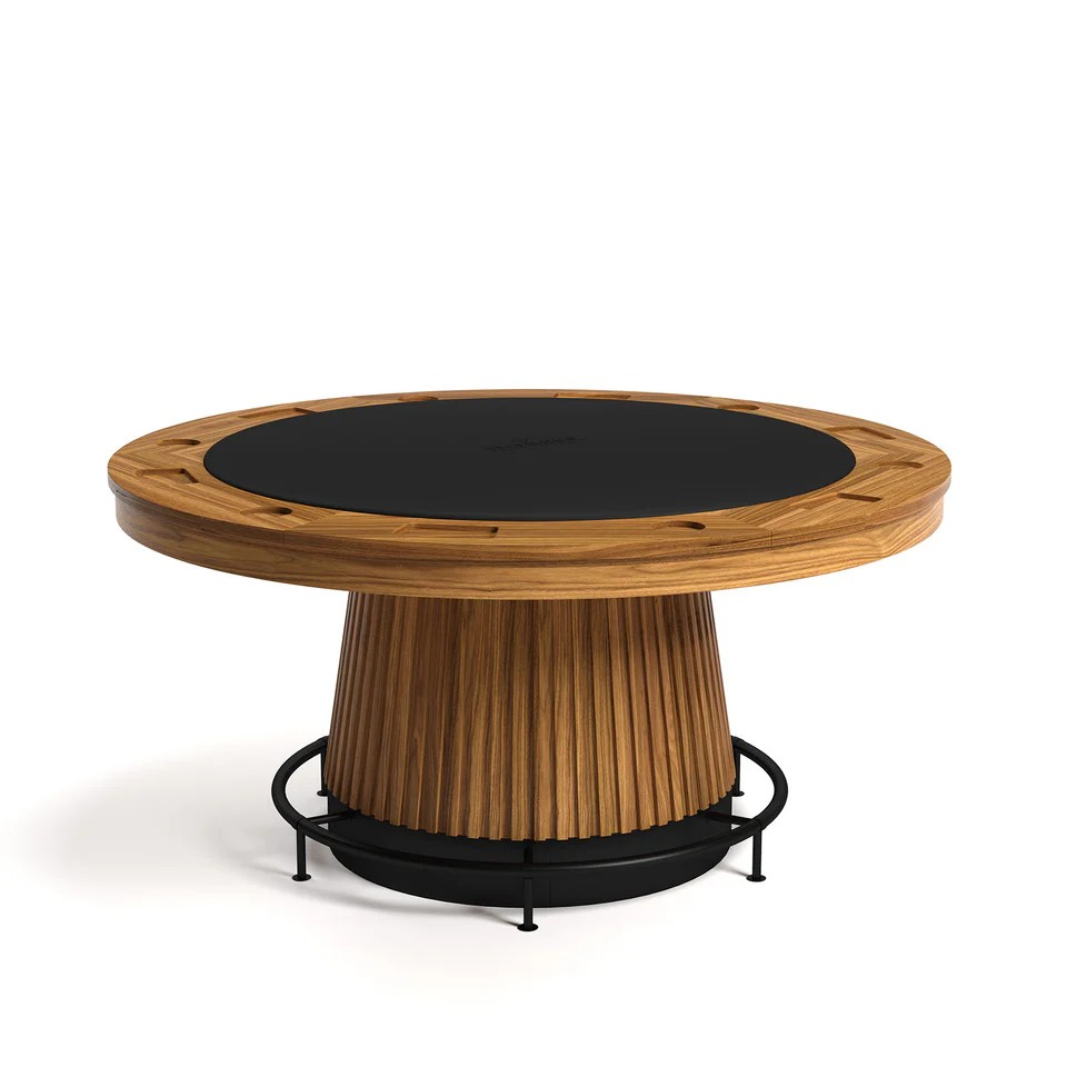 walnut poker table with black footrail and kick plate