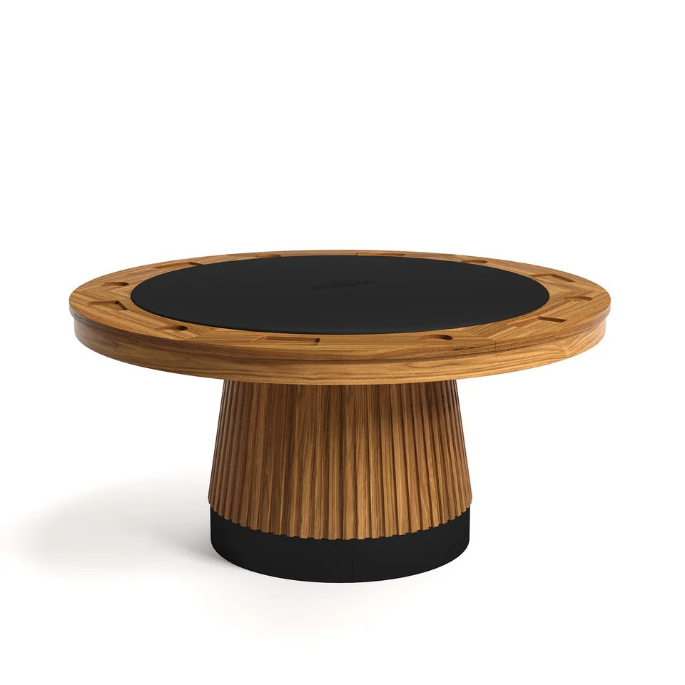 walnut round poker table with black kick plate